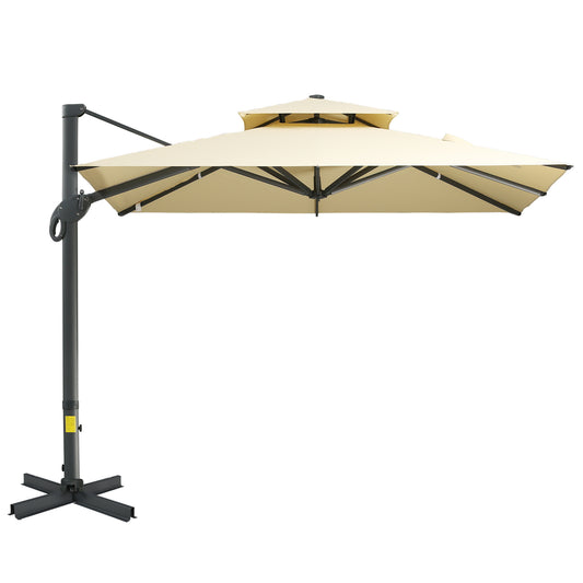 Outsunny 10ft Offset Patio Umbrella, Hanging Cantilever Umbrella, Square Shape, Aluminum Cross Base, Tilt, 360-Degree Rotation, Beige