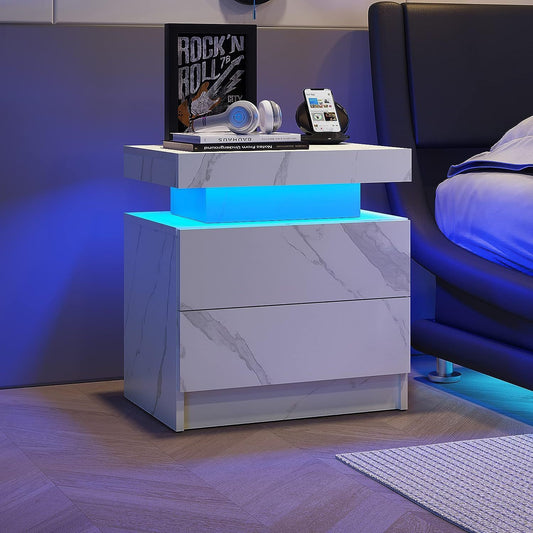 Nightstand LED Bedside Table Cabinet Lights Modern End Side with 2 Drawers for Bedroom (White Stone)